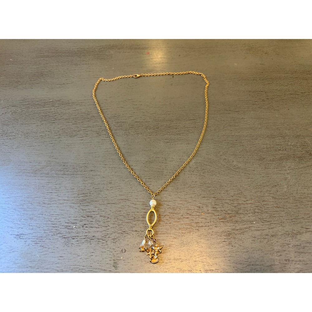 Vintage Gold Tone Long Multi Charm Necklace Faux Pearl Bird Bell Floral Pendant